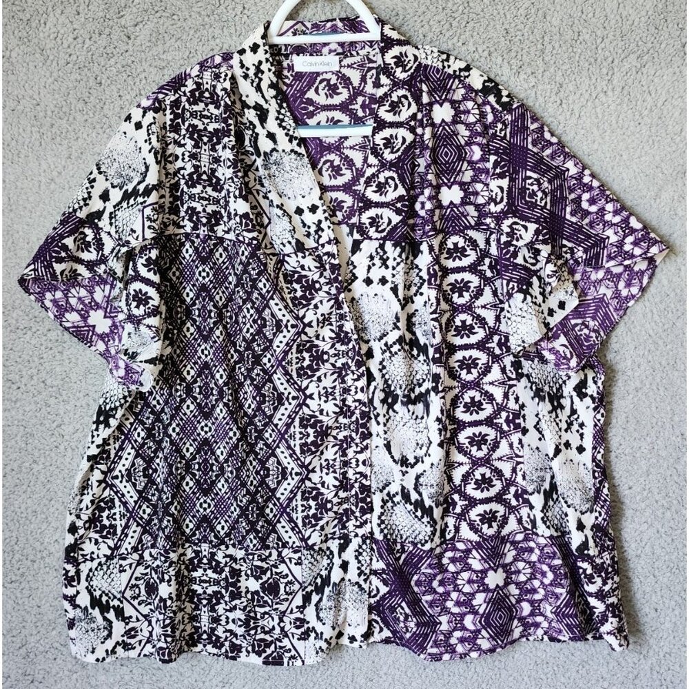 Calvin Klein Women's Flutter Short Sleeve Blouse Dressy Career Purple Plus Sz 3X